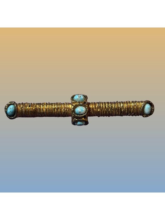 Unknown Jewelry - Gold Tone Turquoise Cabochons Rope-Like Texture Brooch Bar Pin Statement Vintage